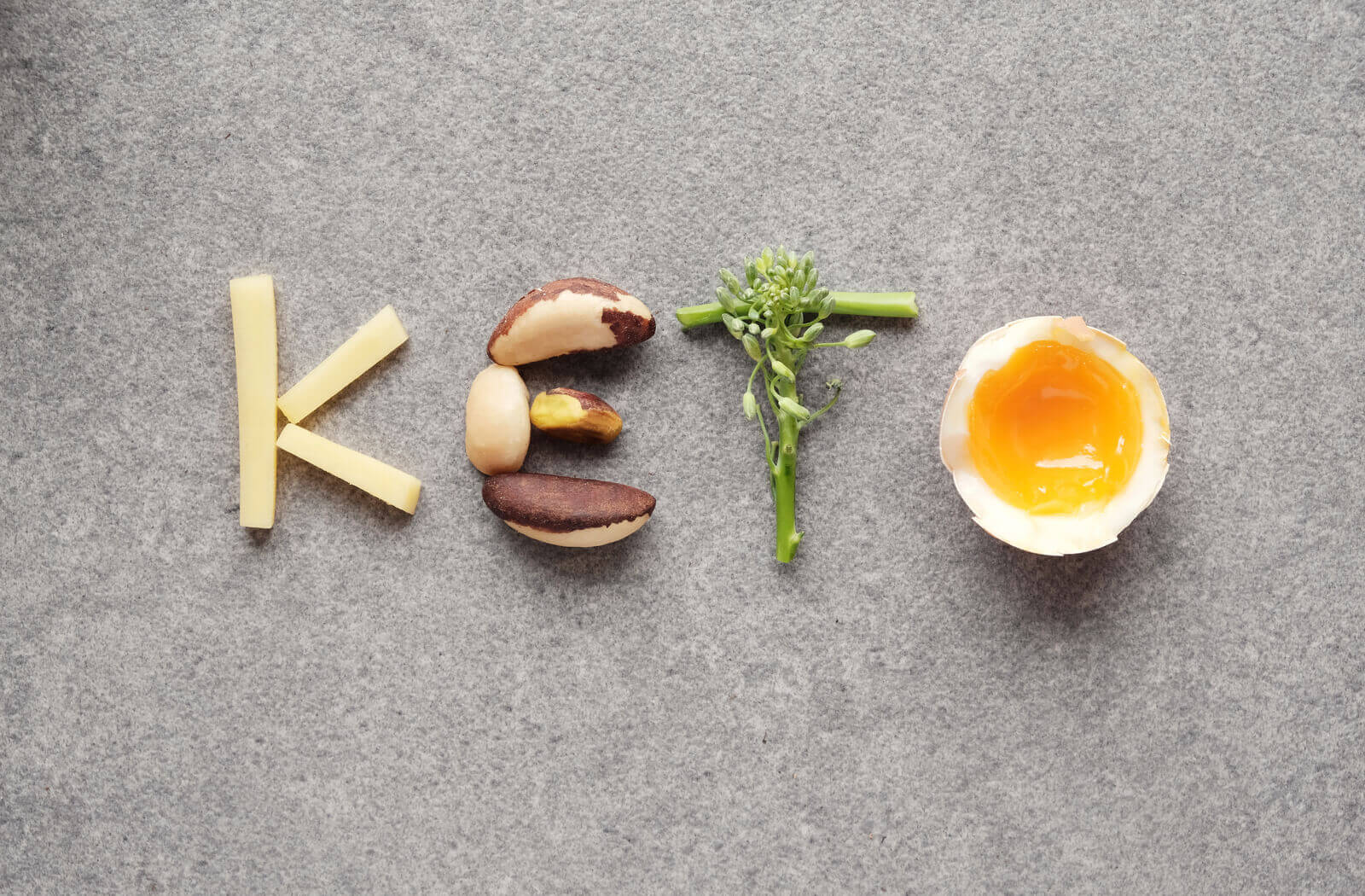 The word keto spelled out in all caps by using ketogenic foods as letters.