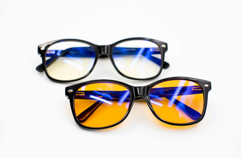 A pair of glasses with blue light lenses.